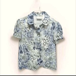 💕Animal Print+Floral Short Sleeve Button Down Top/Shirt